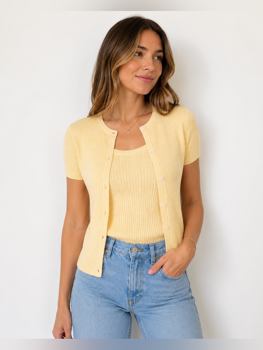 Melanie M Cotton Twinset |Rib Knit Shell & Cardigan Set Butter Yellow Y2K Preppy